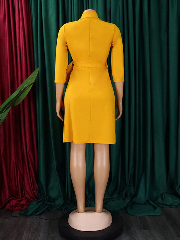 Three-quarter Sleeves Pleated Color Split-front Tied Waist V-neck Mini Dresses