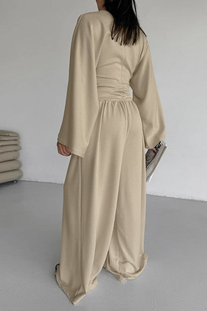 Cinched Waist Flared Sleeve Top Palazzo Pants Set