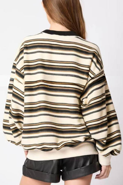 Striped Lapel Long-sleeved Top Loose Sweatshirt