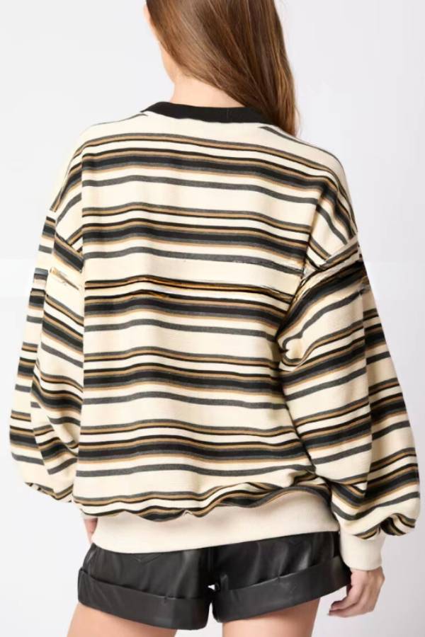 Striped Lapel Long-sleeved Top Loose Sweatshirt