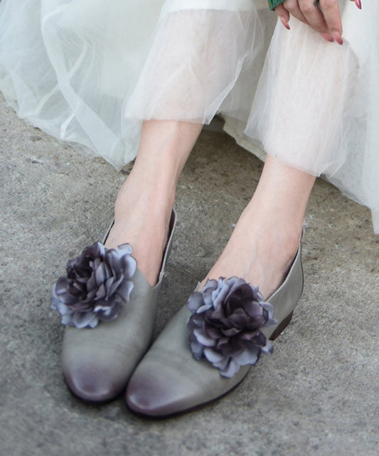 Handmade Grey Cowhide Leather Splicing Flat Shoes