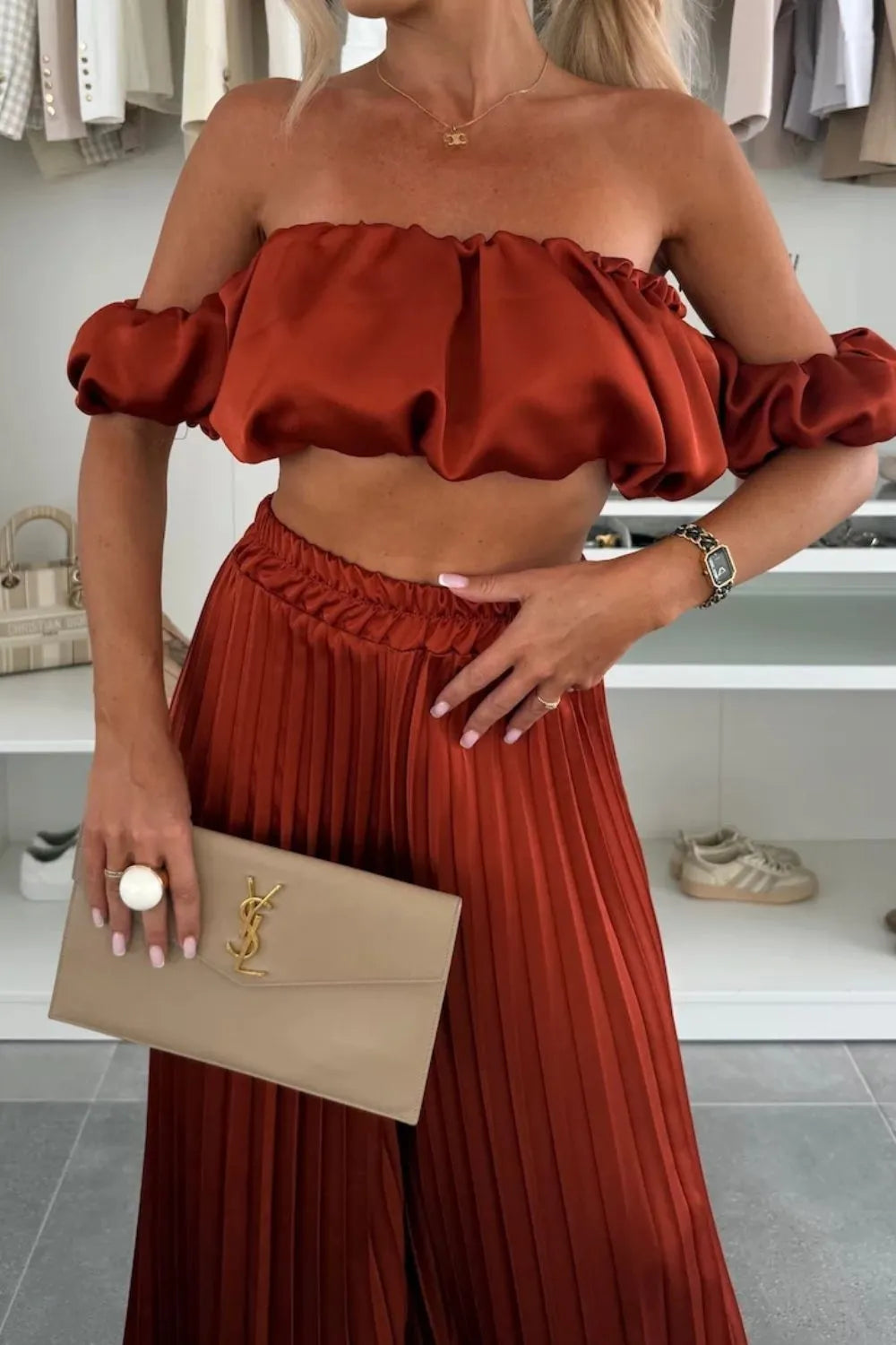 Off-shoulder Top and Pleated Pants Set