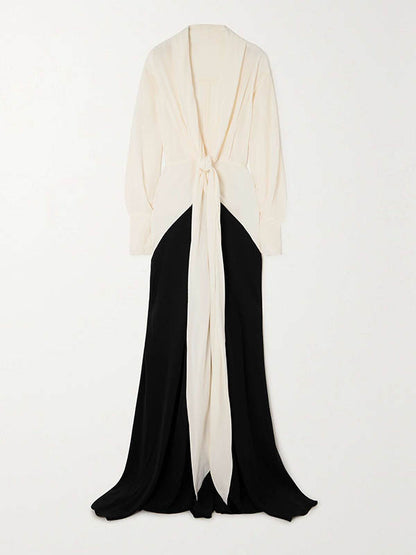 Long Sleeves Loose Contrast Color V-neck Evening Dresses Maxi Dresses