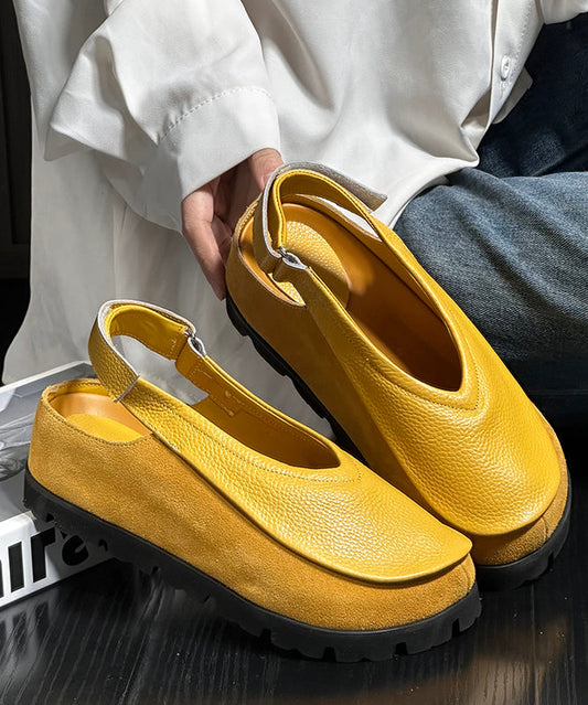 Splicing Platform Flats Yellow Cowhide Leather
