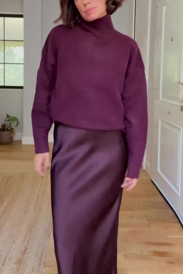 Jaelyn Color Turtleneck Long Sleeve Sweater and Satin Elastic Waist Maxi Skirt Set