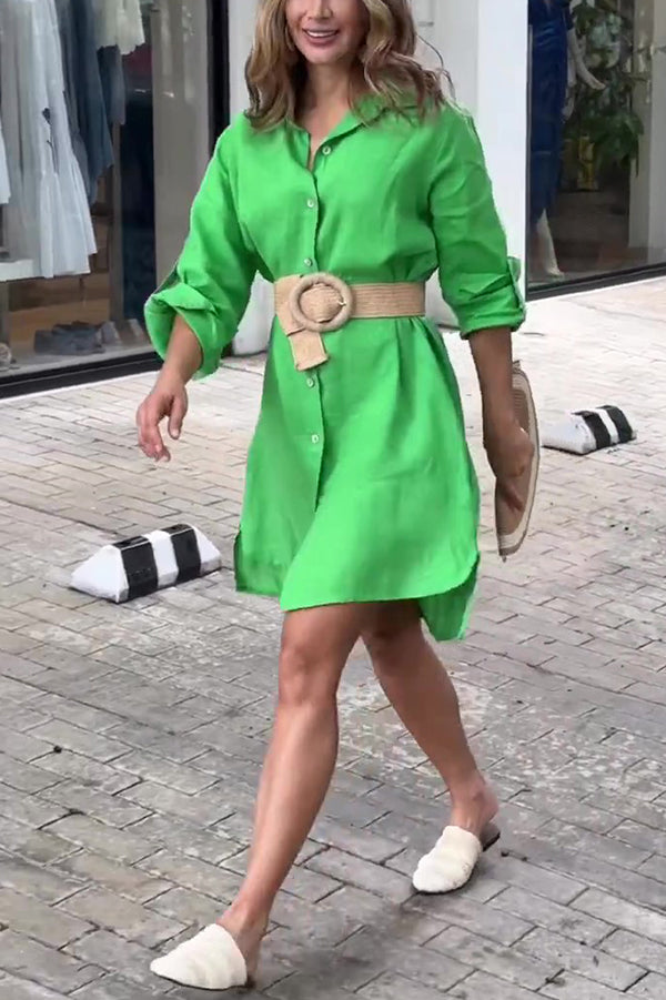 Linen Blend Long Sleeve Button-down Shirt Style Mini Dress