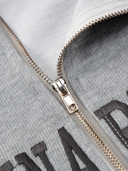 Grey Half Zip Knit Sweatshirt With Letter Embroidery