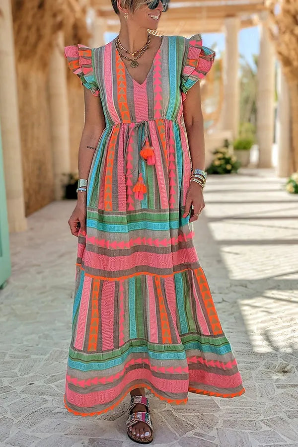 Sunlit Magic Linen Blend Print Ruffle Sleeve Tassel Maxi Dress
