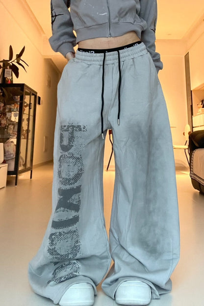 Letter Print Tie Wide Leg Sweat Pants