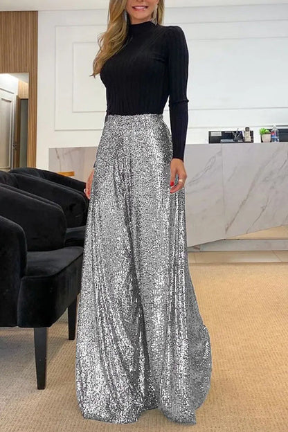 Splash of Sequin Elastic Waist Flare Pants