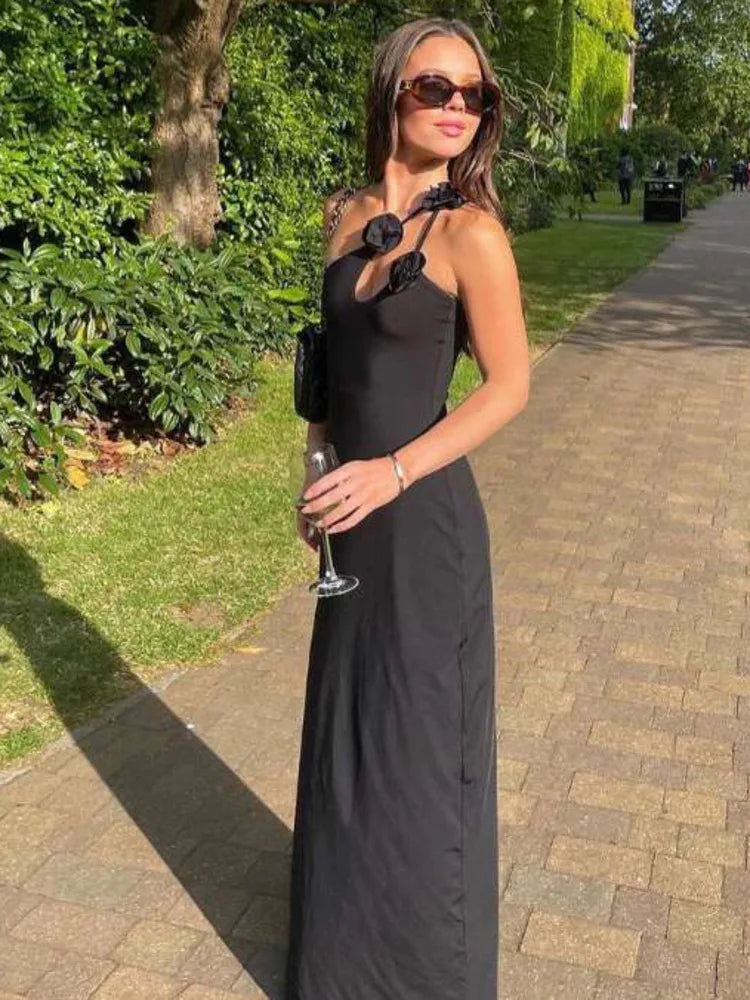 Sleeveless Irregular Bodycon Evening Dress Fall New Flower Ornament Shoulder Vestido Long Dress