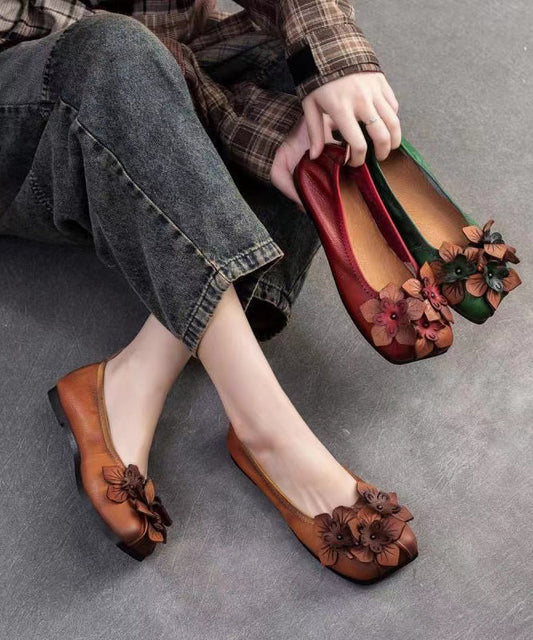 Brown Flat Shoes Cowhide Leather Retro Splicing