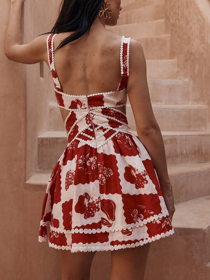 Decorative Unique Print V-neck Hollow A-line Mini Dress