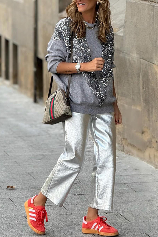 V-shaped Sequined Embellished Pullover Sweatshirt Top