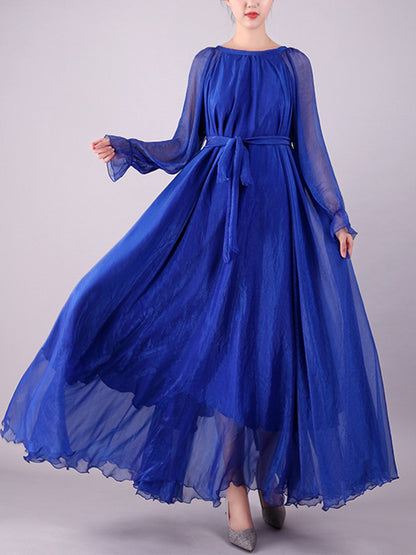 Long Sleeves Loose Falbala Gauze Pleated Color Tied Waist Round-neck Maxi Dresses