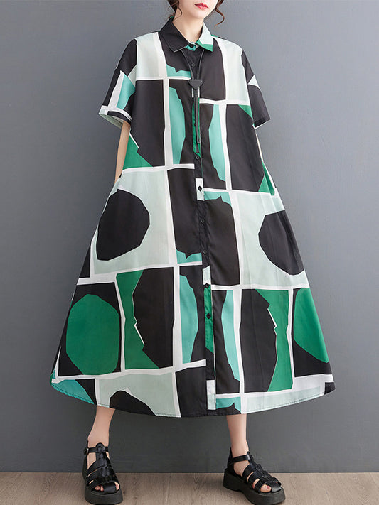 Loose Oversize Color-block Printed Lapel Midi Dresses Shirt Dress