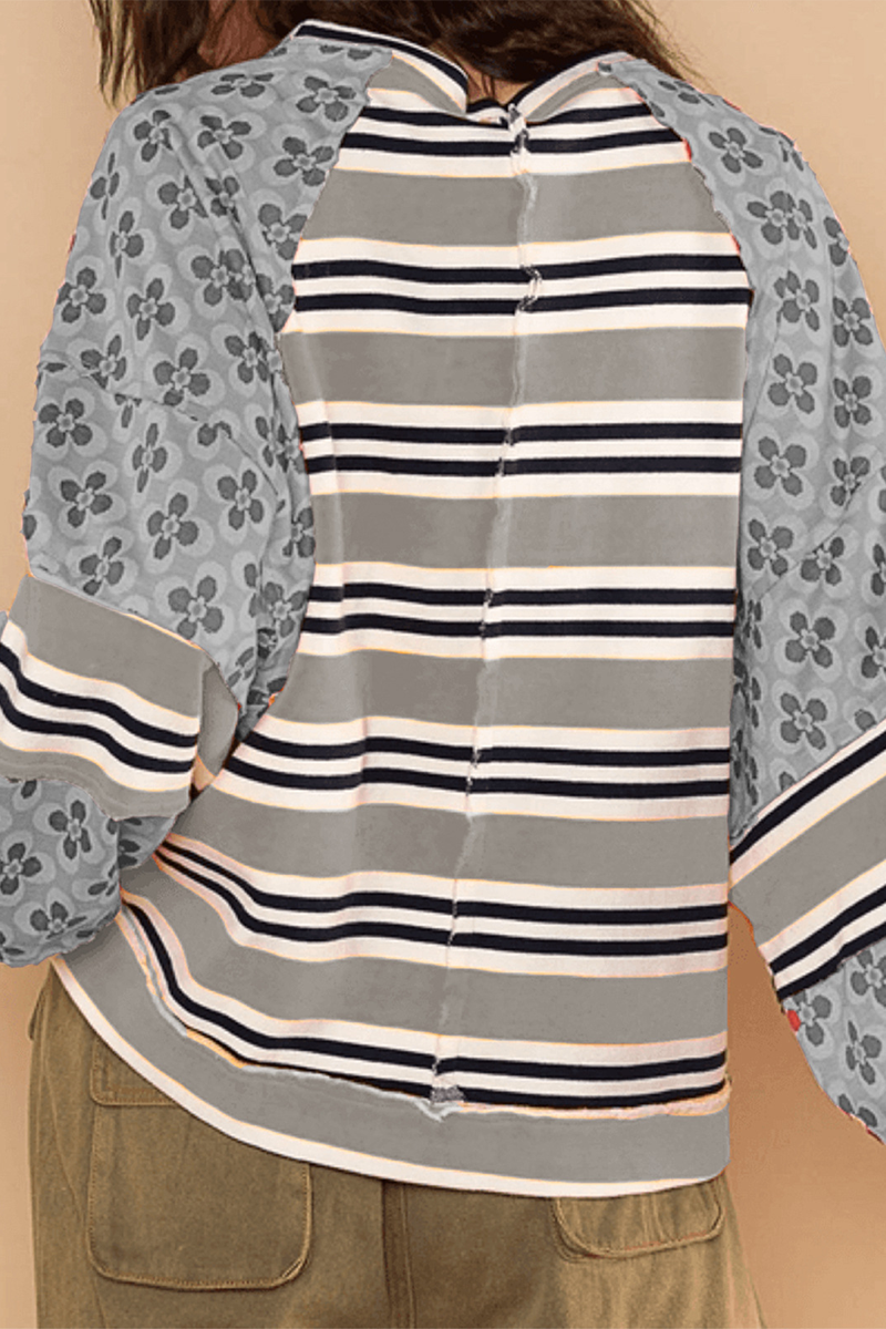 Striped Print Flowers Contrast O Neck Hoodies