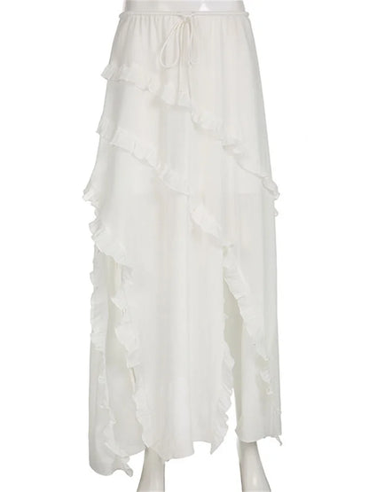 White Ruffled Patchwork Long Skirt See-through for Split Summer Beach Holiday Maxi Skirt ’s Y2k Skirt