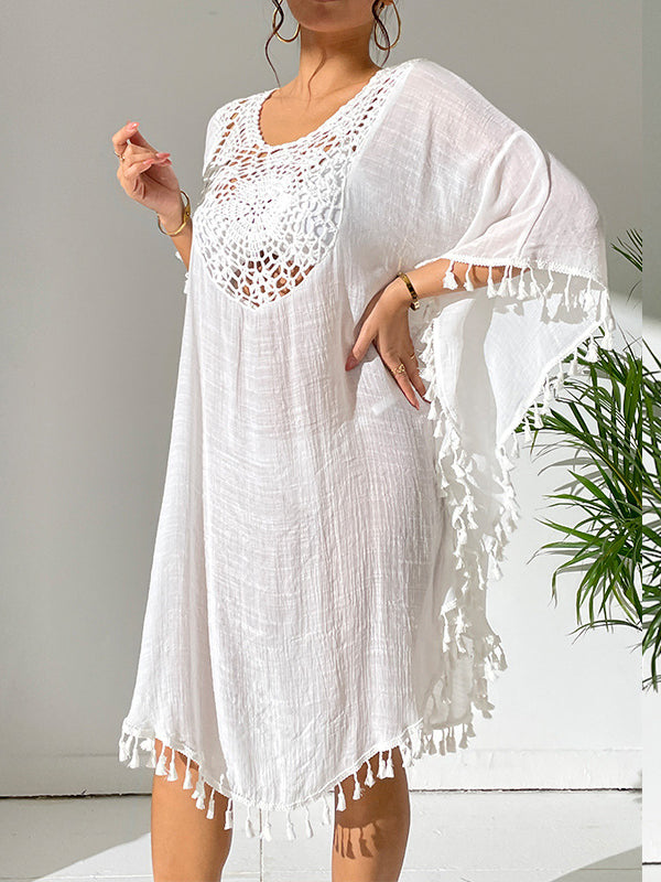 Batwing Sleeves Loose Hollow Color Sun Protection Tasseled Round-neck Cover-ups Tops Midi Dresses