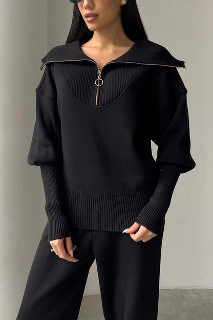 Color Long-sleeved Zip-up Sweatshirt and Elastic Waist Loose Pocket Pants Set