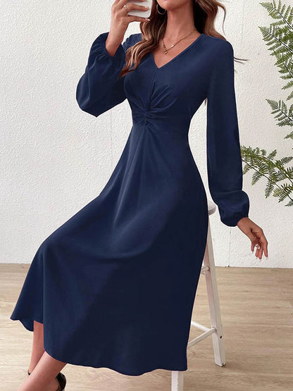 A-line High Waisted Pleated Color Zipper V-neck Midi Dresses