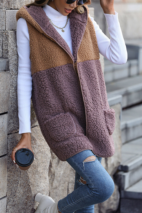 Hooded Sleeveless Colorblock Pocket Buttonless Mid-length Cardigan Puff Velvet Jacket