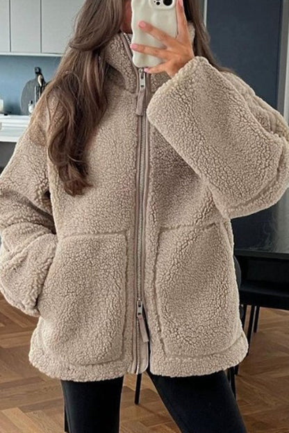 Color Stitching High Collar Long Sleeve Loose Pocket Woolen Coat