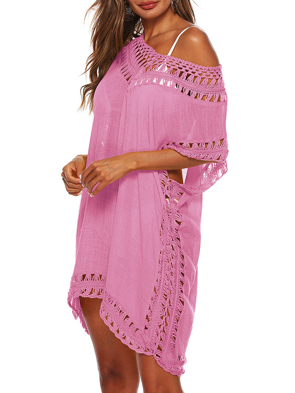 Loose Raglan Sleeve Hollow See-through Color Split-joint V-neck Mini Dresses