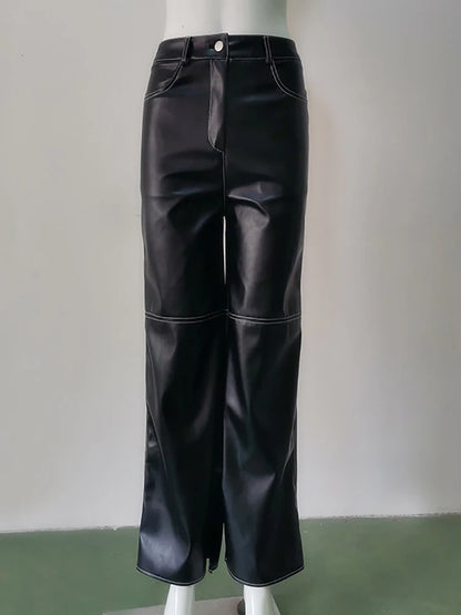 Pu Leather Straight Pants Black High Waist Long Pant for Autumn Style Trousers Y2k