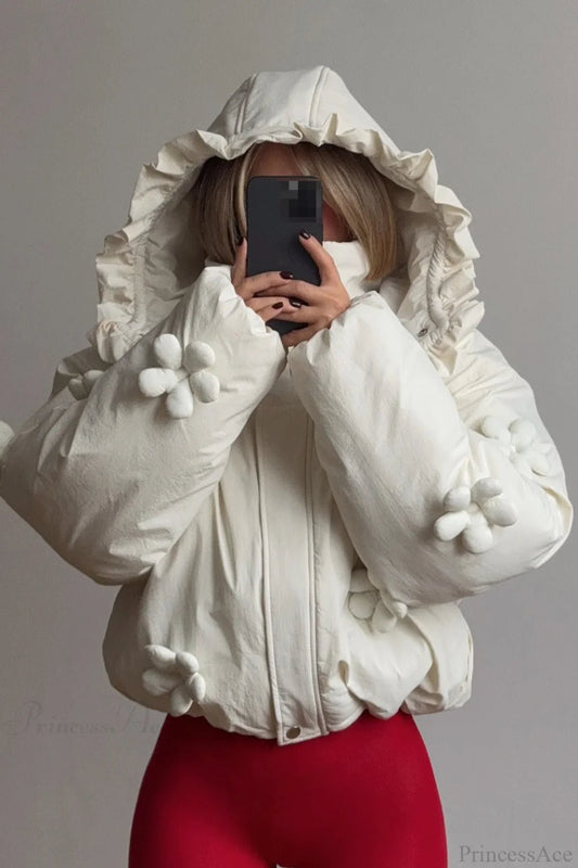 3d Ruffled Hood Cropped Padded Coat