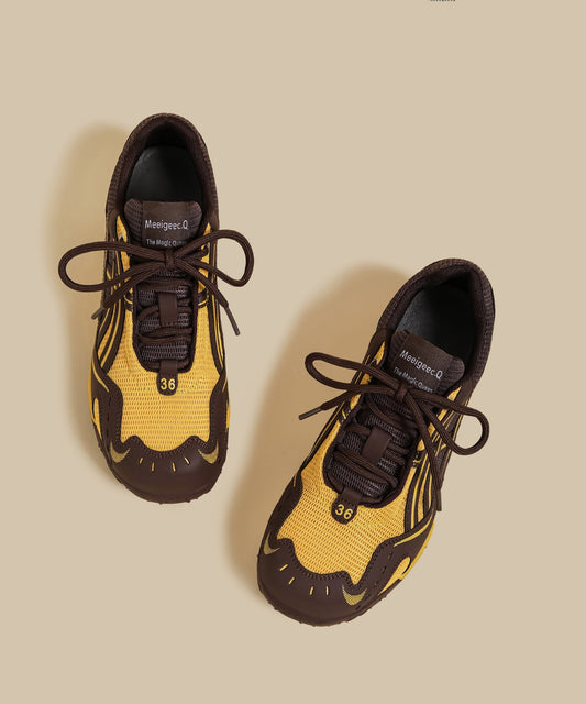 Lace Up Splicing Flat Feet Shoes Yellow Breathable Mesh