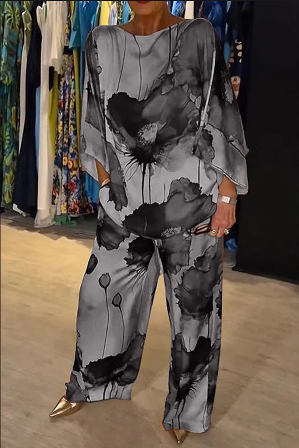 Satin Botanical Print Crew Neck Top and Elastic Waist Loose Pocket Pants Set