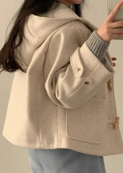 Horn Button Woolen Hooded Coat With Large Pockets