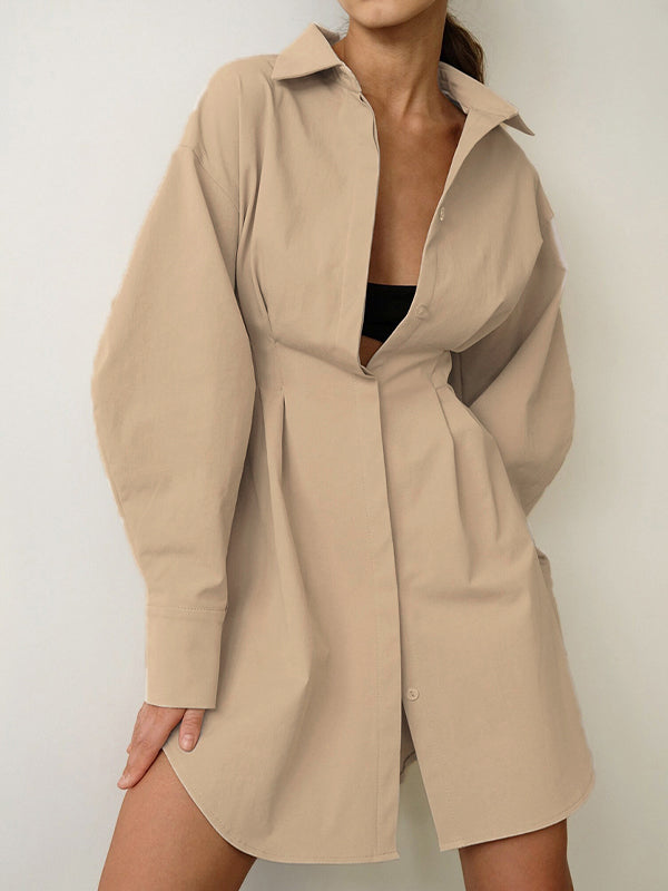 Fold Pleated Detail Shirt Long Sleeve Mini Dress