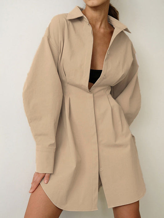 Fold Pleated Detail Shirt Long Sleeve Mini Dress
