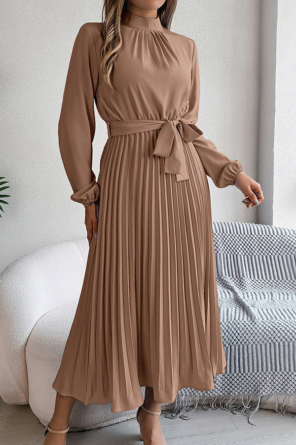 Stand-collar Long-sleeve Waisted Tie-up Pleated Midi Dress
