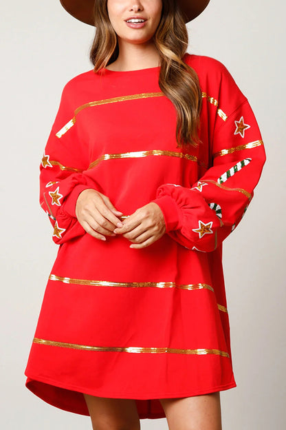 Christmas Candy Sequin Loose Long Sleeve Mini Dress