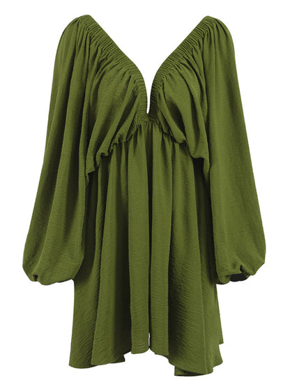 Long Sleeves Loose Elasticity Color V-back Deep V-neck Mini Dresses