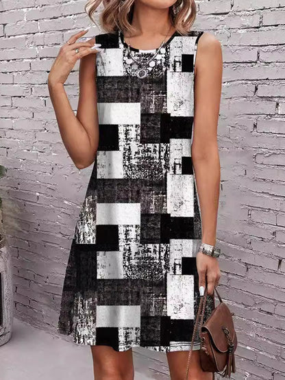 Sleeveless Plaid Round-neck Mini Dresses