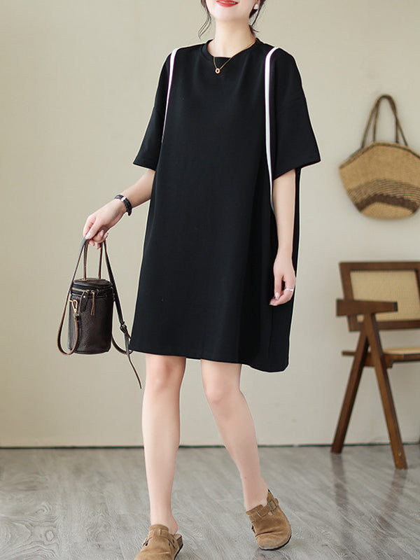 Loose Short Sleeves Split-joint Round-neck Mini Dresses