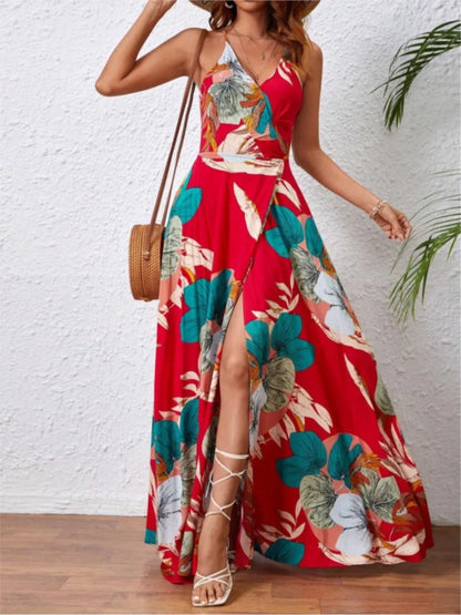 Flower Print Spaghetti Strap Dresses V-neck Backless Slit Long Dress Style Vacation Beach Vestidos
