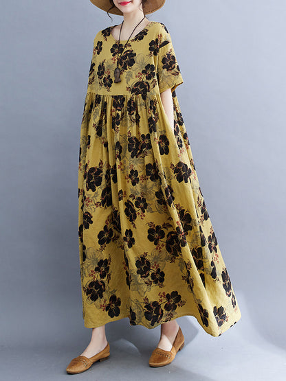 Loose Short Sleeves Pleated Printed Split-joint Round-neck Midi Dresses