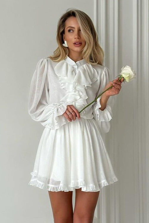 Ruffled Stand Collar Long Sleeve Mini Dress