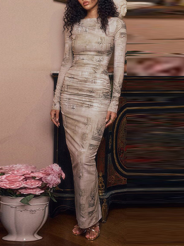 Long Sleeves Skinny Printed Split-back Split-joint Round-neck Evening Dresses Maxi Dresses