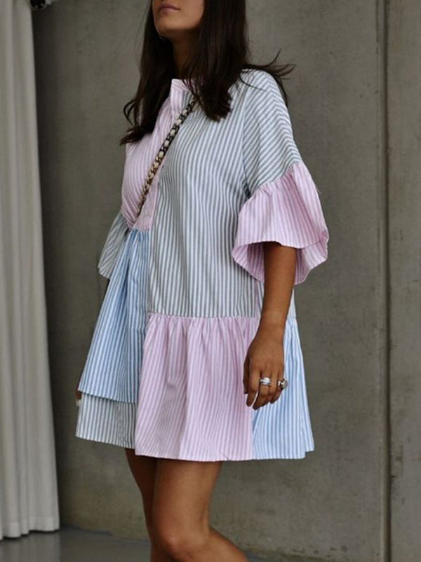 Long Sleeves Loose Buttoned Contrast Color Pleated Split-joint Striped Stand Collar Mini Dresses Shirt Dress