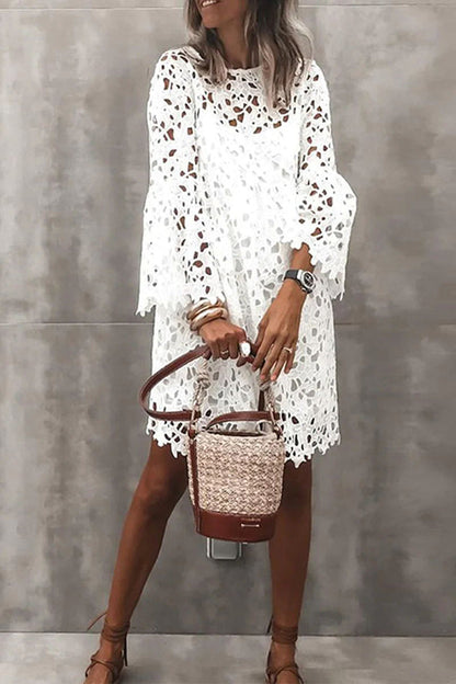 Presence Crochet Lace Bell Sleeve Mini Dress