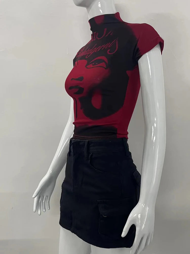 Aesthetic Short Sleeve T-shirt Summer Y2k Clothes Gothic Girl Crop Tops Print Baby Tee