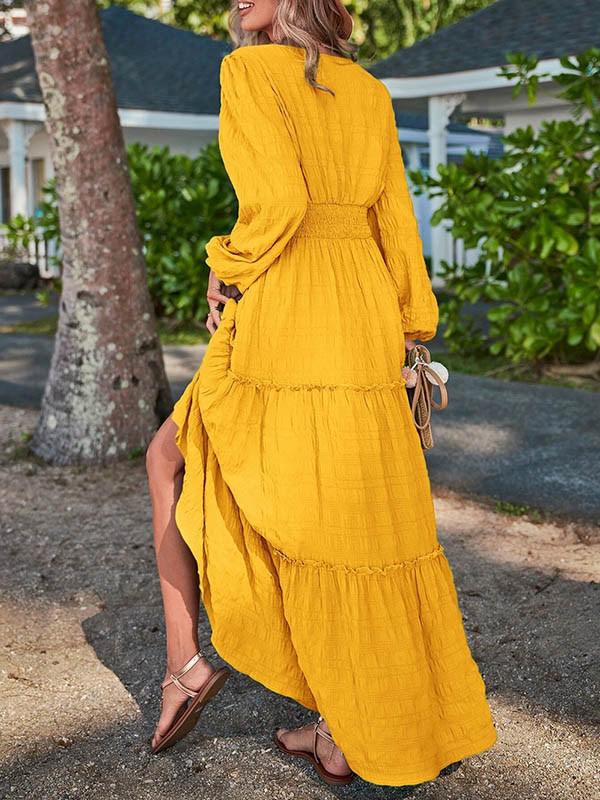 A-line Long Sleeves Elasticity Color Split-joint V-neck Maxi Dresses