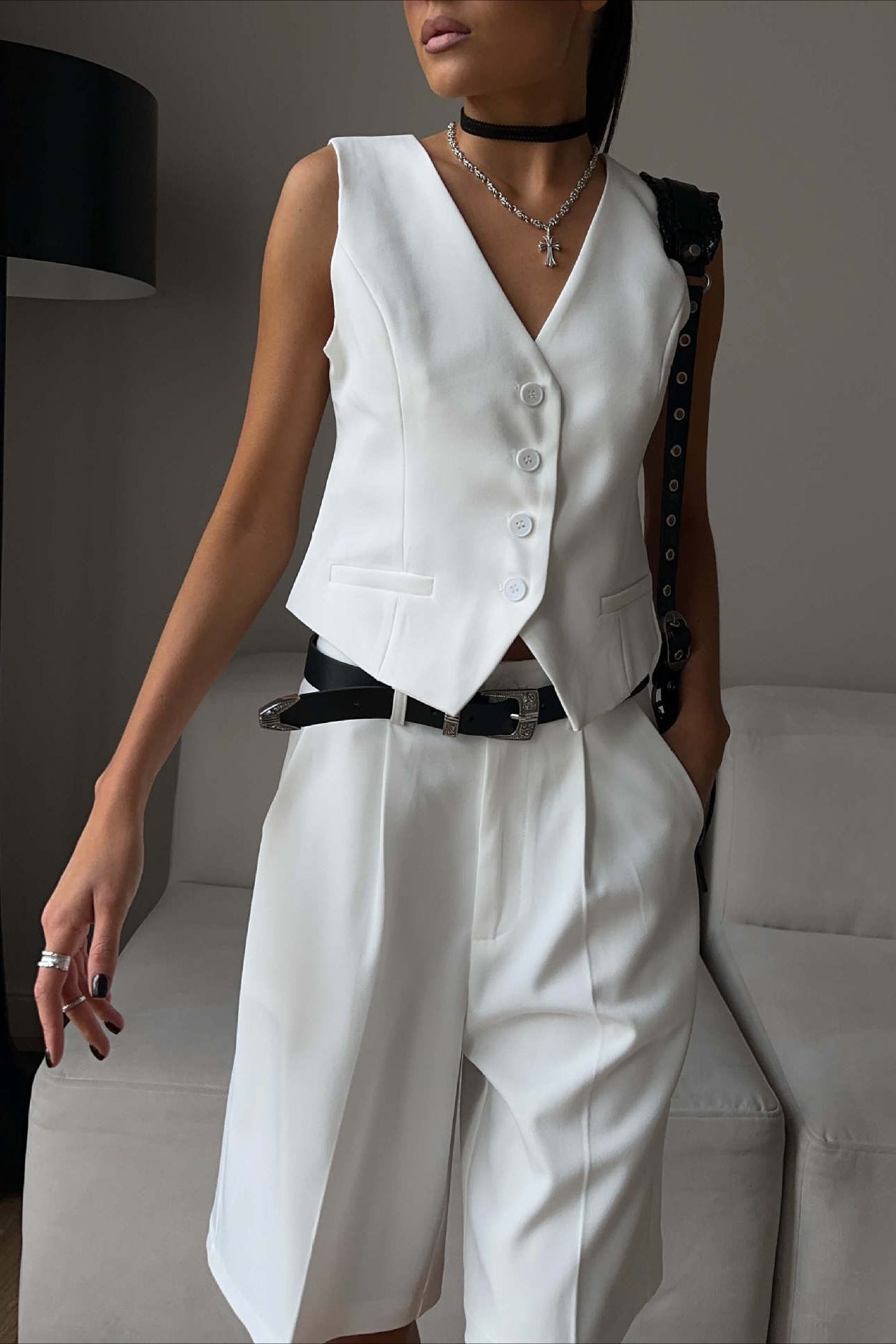 V Neck Single Breasted Two Piece Vest Shorts Set
