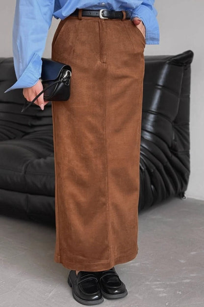 Suede Brown Straight Slit Long Skirt